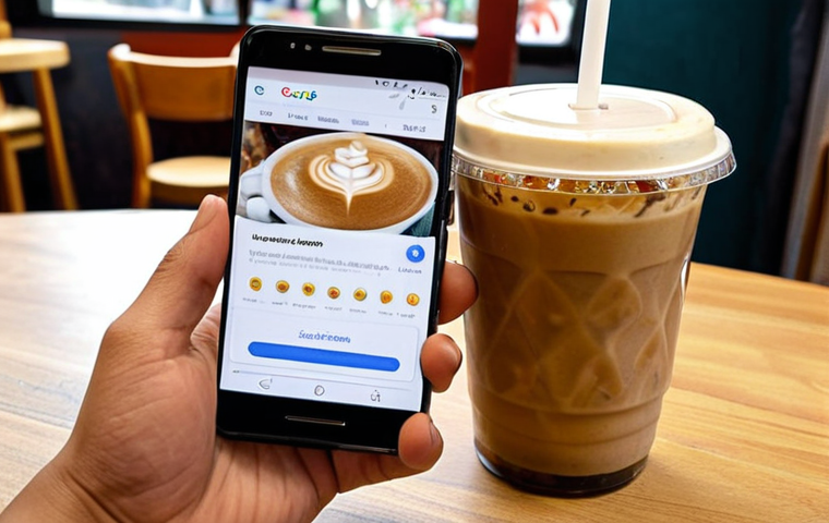 **

A person looking relieved while using Google Password Manager on their phone in a coffee shop. The phone screen displays a long, complex password. Focus on conveying ease of use and security. Background should subtly suggest a modern Vietnamese coffee shop setting (e.g., iced coffee, bánh ngọt on the table).

**