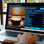 ** A person looking concerned at their laptop, which is displaying a fake bank website login screen. Overlaid on the image are faint digital code patterns and a phishing hook symbol. The setting is a modern Vietnamese coffee shop. (Focus: Phishing attack awareness).

**