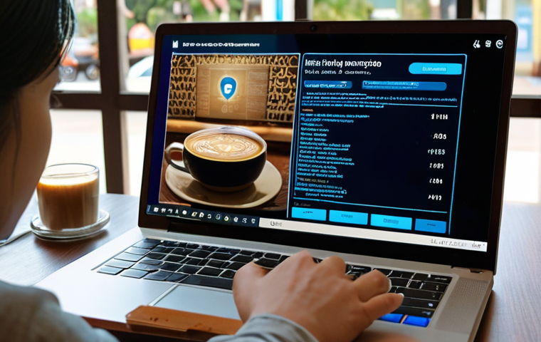 ** A person looking concerned at their laptop, which is displaying a fake bank website login screen. Overlaid on the image are faint digital code patterns and a phishing hook symbol. The setting is a modern Vietnamese coffee shop. (Focus: Phishing attack awareness).

**