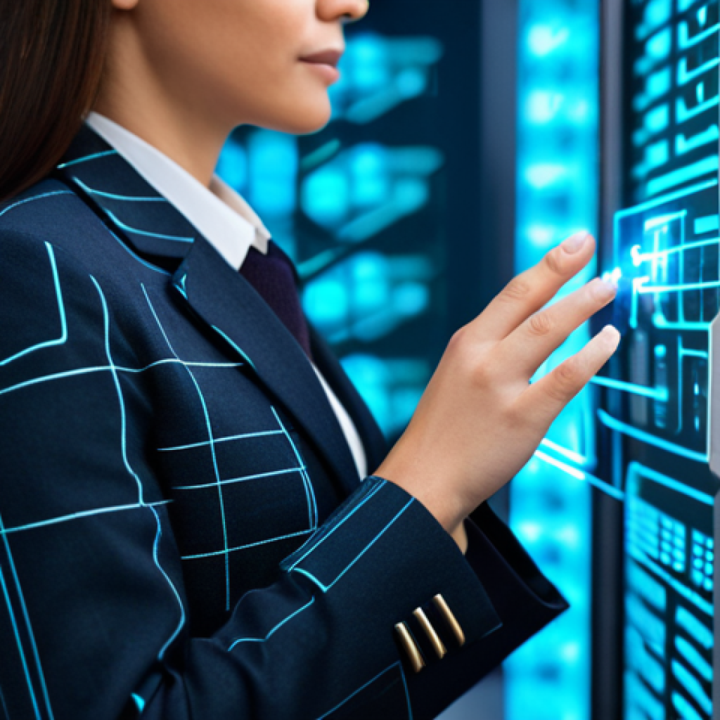 A focused professional woman, wearing a modest business blazer and collared shirt, stands in a modern, clean digital security operations center. She is gently touching a transparent holographic interface that displays an intricate network of secure lock icons, a prominent shield symbol, and abstract, flowing data streams, all symbolizing robust password security and two-factor authentication. The background features subtle glowing lines and blurred server racks, conveying a high-tech environment. The image is a professional photograph, high-resolution, with crisp focus and vibrant, cool-toned colors. She is fully clothed, in appropriate attire, modest clothing, safe for work, professional, perfect anatomy, correct proportions, natural pose, well-formed hands, proper finger count, natural body proportions, appropriate content.