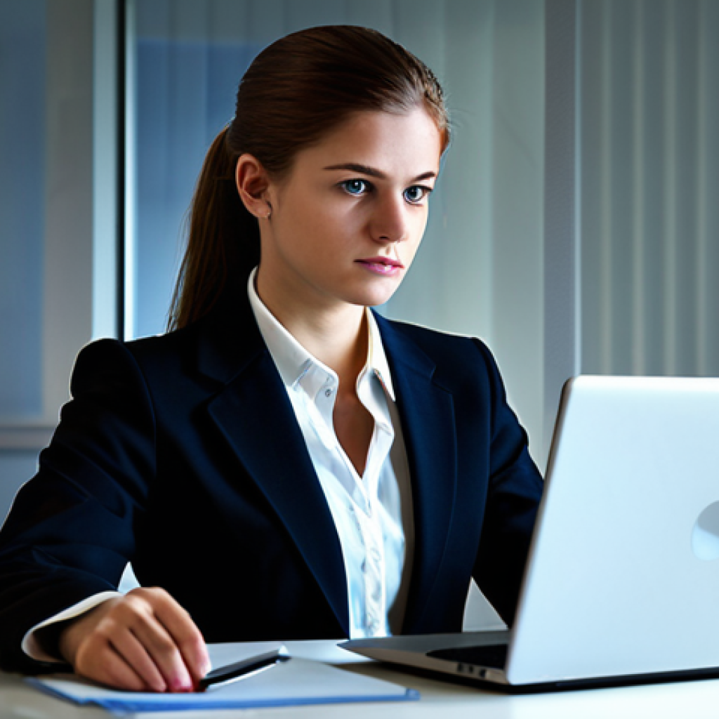 Vigilant Office Worker**
"A young professional in business attire, fully clothed, working at a modern office desk with a laptop displaying an email with a slightly suspicious subject line. The scene should convey alertness and caution. Background includes soft, ambient lighting and blurred office elements. Safe for work, appropriate content, professional, perfect anatomy, natural proportions, high quality, cinematic lighting. Modest clothing."
**