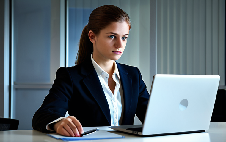 Vigilant Office Worker**
"A young professional in business attire, fully clothed, working at a modern office desk with a laptop displaying an email with a slightly suspicious subject line. The scene should convey alertness and caution. Background includes soft, ambient lighting and blurred office elements. Safe for work, appropriate content, professional, perfect anatomy, natural proportions, high quality, cinematic lighting. Modest clothing."
**