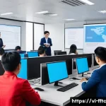 Home 22 사이버 공격 시나리오와 그에 대한 준비 - A modern Vietnamese office environment with diverse employees attentively participating in a cyberse...