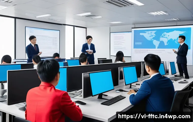 사이버 공격 시나리오와 그에 대한 준비 - A modern Vietnamese office environment with diverse employees attentively participating in a cyberse...