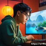 Home 20 온라인 게임에서의 안전한 행동 지침 - A detailed digital illustration of a young Vietnamese gamer sitting at a modern gaming setup in a co...
