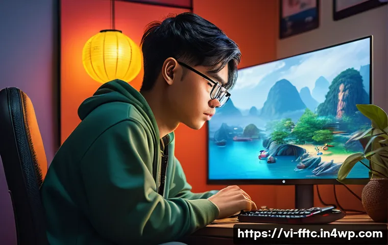온라인 게임에서의 안전한 행동 지침 - A detailed digital illustration of a young Vietnamese gamer sitting at a modern gaming setup in a co...
