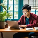 Home 19 기타 디지털 환경에서의 사이버보안 습관 - A detailed digital illustration of a Vietnamese young adult sitting at a modern desk with a laptop, ...