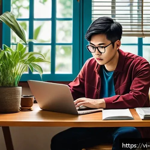 Home 31 기타 디지털 환경에서의 사이버보안 습관 - A detailed digital illustration of a Vietnamese young adult sitting at a modern desk with a laptop, ...