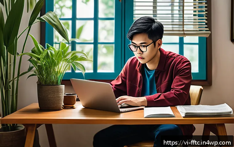 기타 디지털 환경에서의 사이버보안 습관 - A detailed digital illustration of a Vietnamese young adult sitting at a modern desk with a laptop, ...