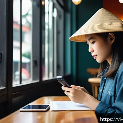 Home 17 스마트폰에서의 사이버보안 생활 습관 - A modern Vietnamese young adult using a smartphone in a cozy urban café, thoughtfully creating a com...