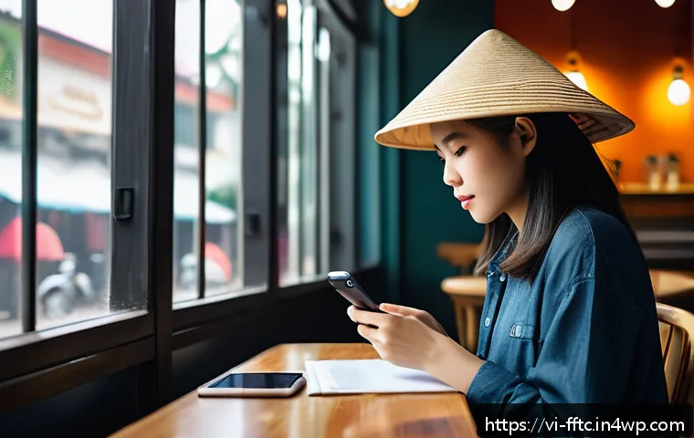 스마트폰에서의 사이버보안 생활 습관 - A modern Vietnamese young adult using a smartphone in a cozy urban café, thoughtfully creating a com...