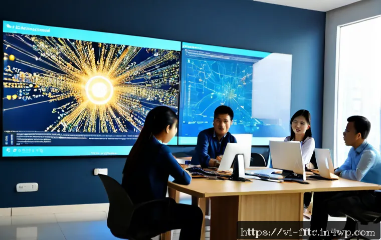 사이버보안 위협에 대한 정보 공유 플랫폼 - Photorealistic cybersecurity information-sharing platform concept, Vietnamese IT professionals colla...